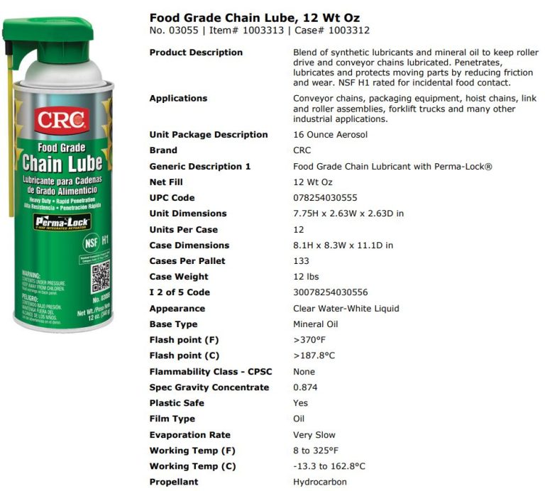 Bảng thông số kỹ thuật CRC Food Grade Chain Lube